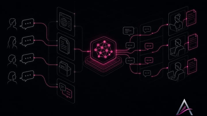 Abstract illustration of translucent layered sheets feeding thin lines of light into a single glowing node, with empty outlined shapes waiting at the edge.
